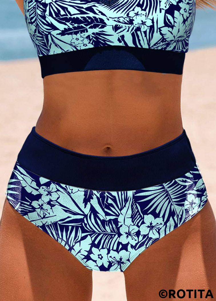 Cyan swimwear,Floral swimwear,Plants swimwear,ROTITA Cyan Floral Print Mid Waisted Bikini Bottom