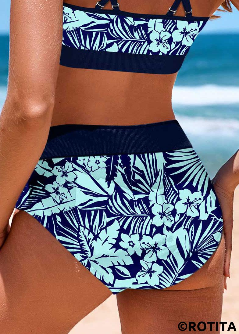Cyan swimwear,Floral swimwear,Plants swimwear,ROTITA Cyan Floral Print Mid Waisted Bikini Bottom