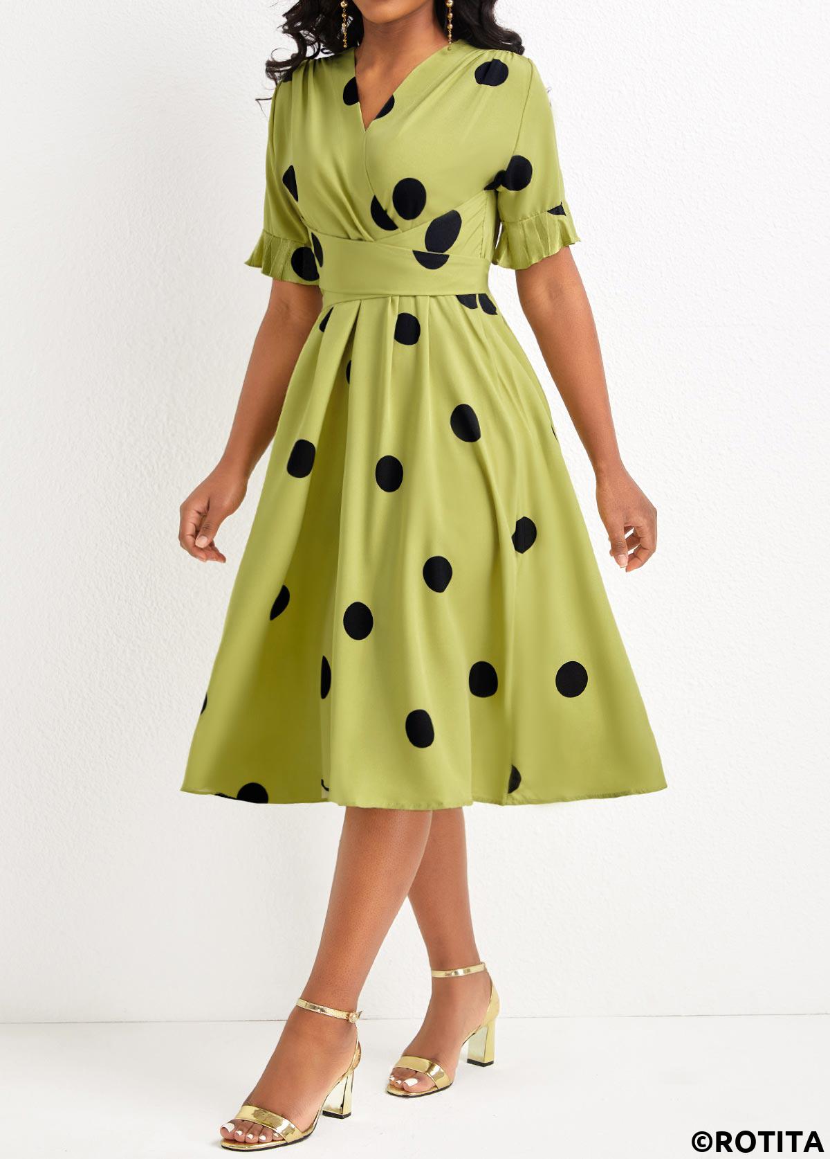 Avocado Green dresses,Dot dresses,Party dresses,Elegant dresses,ROTITA Criss Cross Belted Polka Dot Avocado Green Dress