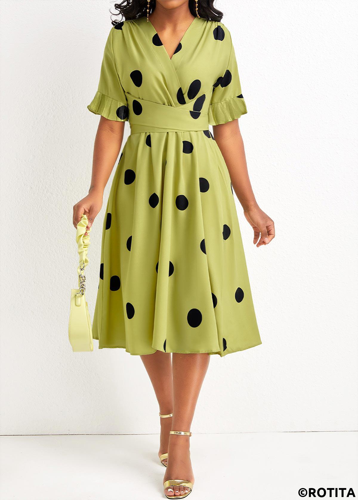 Avocado Green dresses,Dot dresses,Party dresses,Elegant dresses,ROTITA Criss Cross Belted Polka Dot Avocado Green Dress