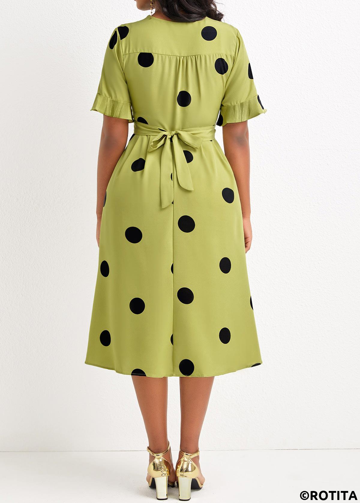 Avocado Green dresses,Dot dresses,Party dresses,Elegant dresses,ROTITA Criss Cross Belted Polka Dot Avocado Green Dress