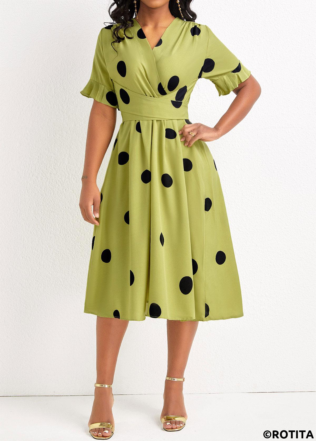 Avocado Green dresses,Dot dresses,Party dresses,Elegant dresses,ROTITA Criss Cross Belted Polka Dot Avocado Green Dress