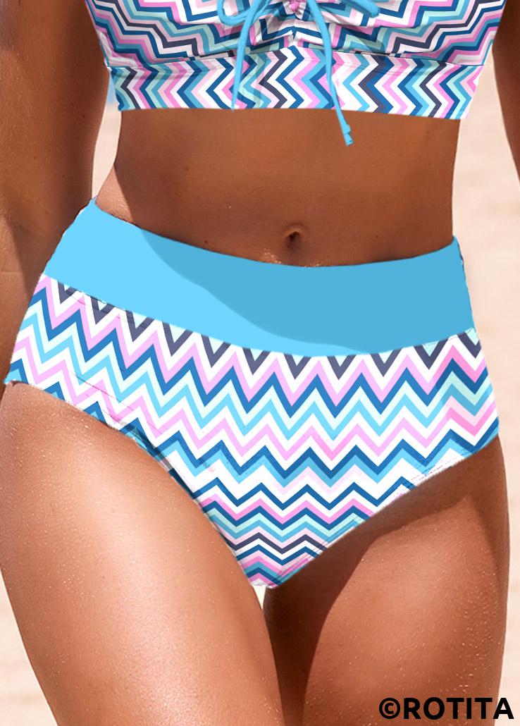 Blue swimwear,Chevron swimwear,Geometric swimwear,ROTITA Blue Chevron Print Mid Waisted Bikini Bottom