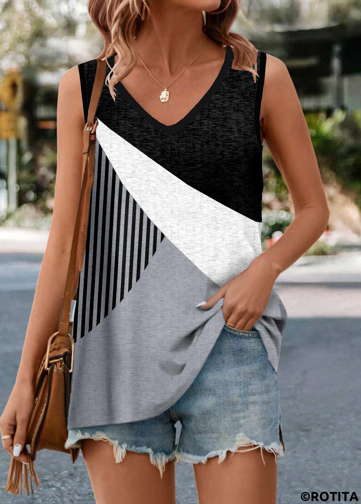 ROTITA Grey V Neck Tunic Tank Top
