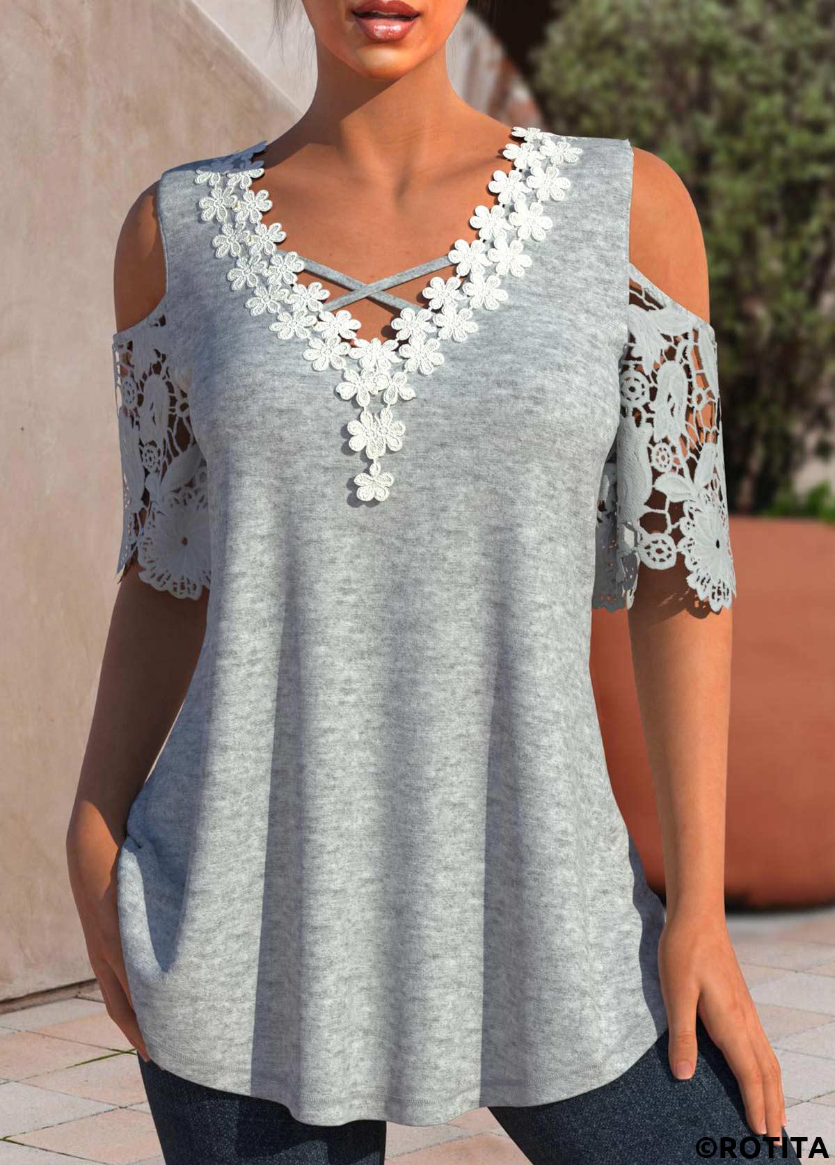Light Grey Marl tops,Contrast Color tops,ROTITA Patchwork Light Grey Marl V Neck T Shirt