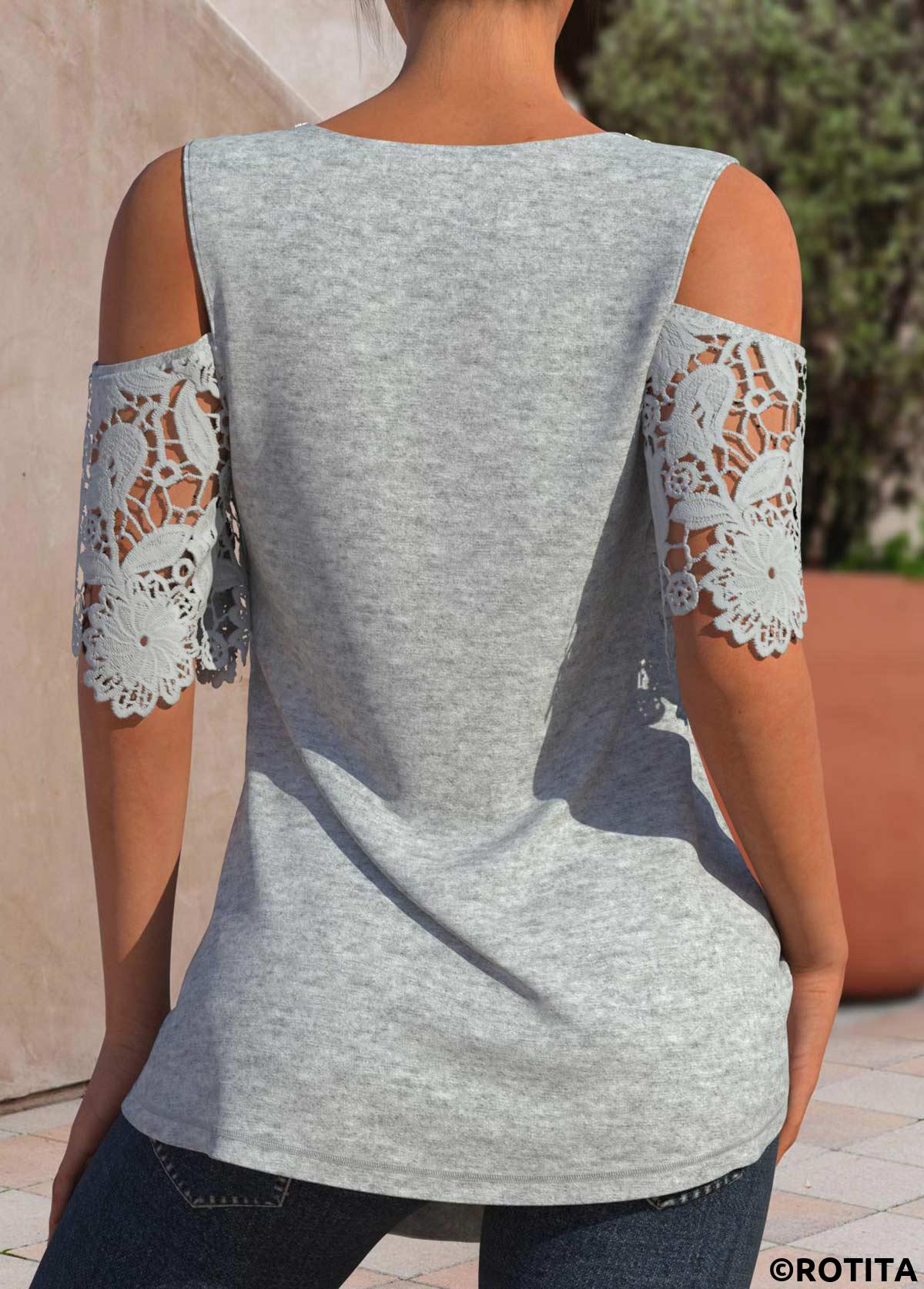 Light Grey Marl tops,Contrast Color tops,ROTITA Patchwork Light Grey Marl V Neck T Shirt