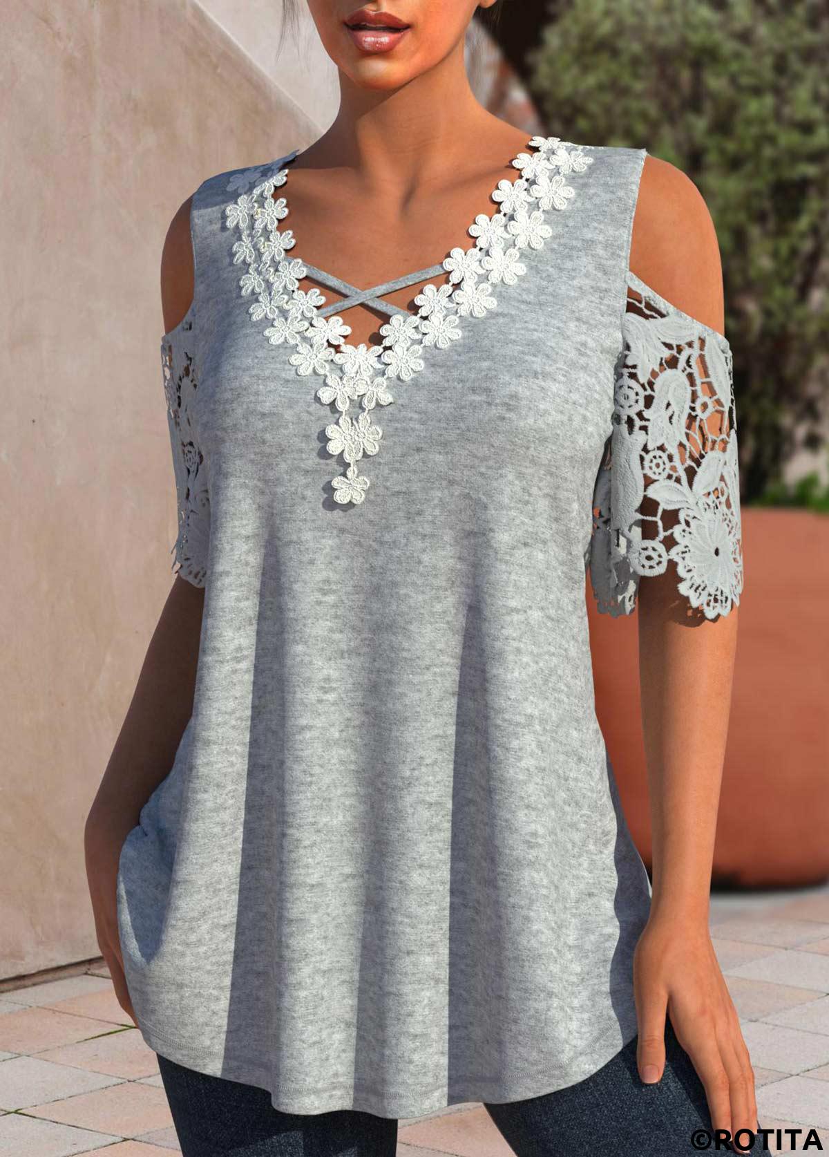 Light Grey Marl tops,Contrast Color tops,ROTITA Patchwork Light Grey Marl V Neck T Shirt