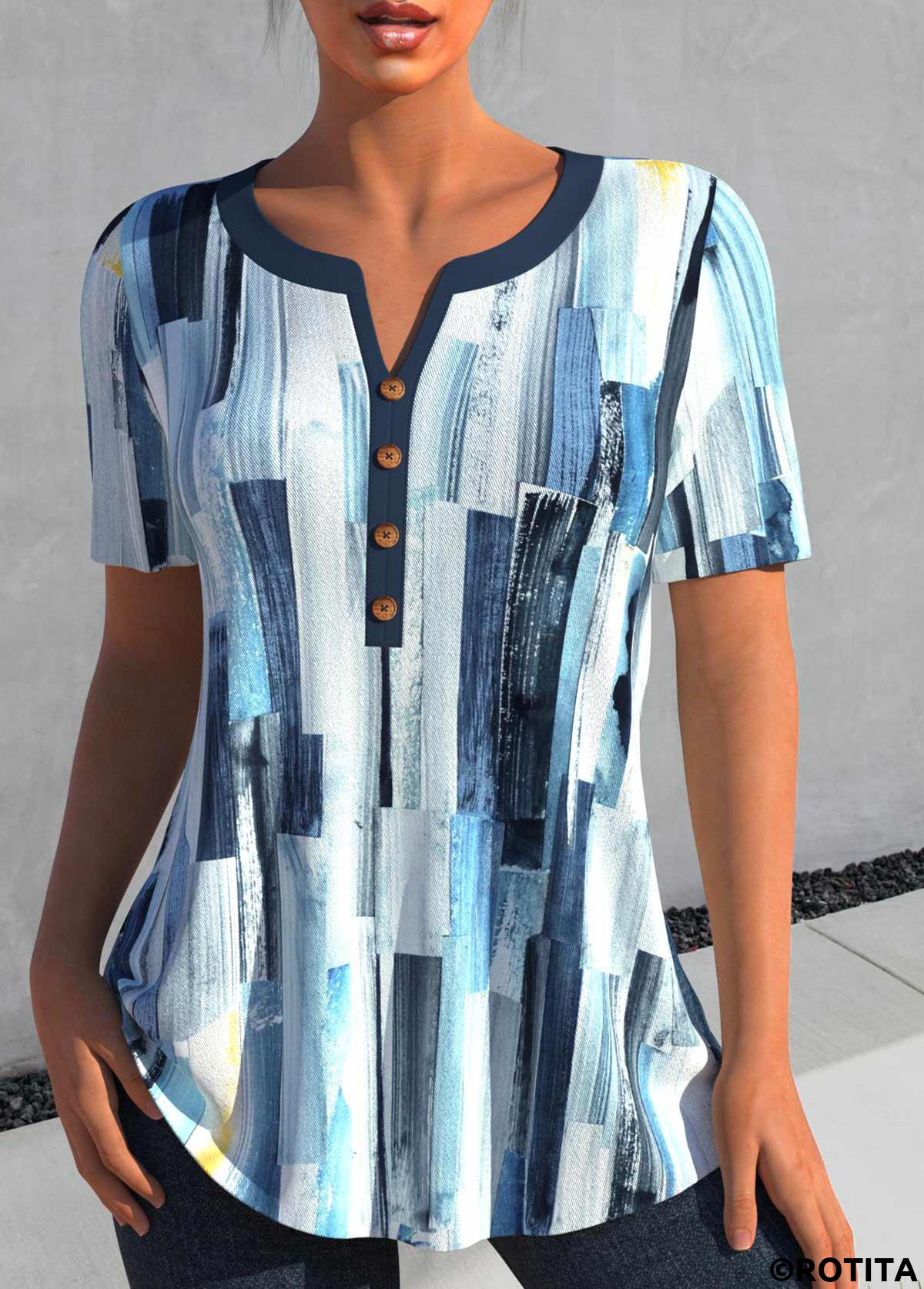 chemisier à col fendu bleu paon à imprimé géométrique patchwork rotita