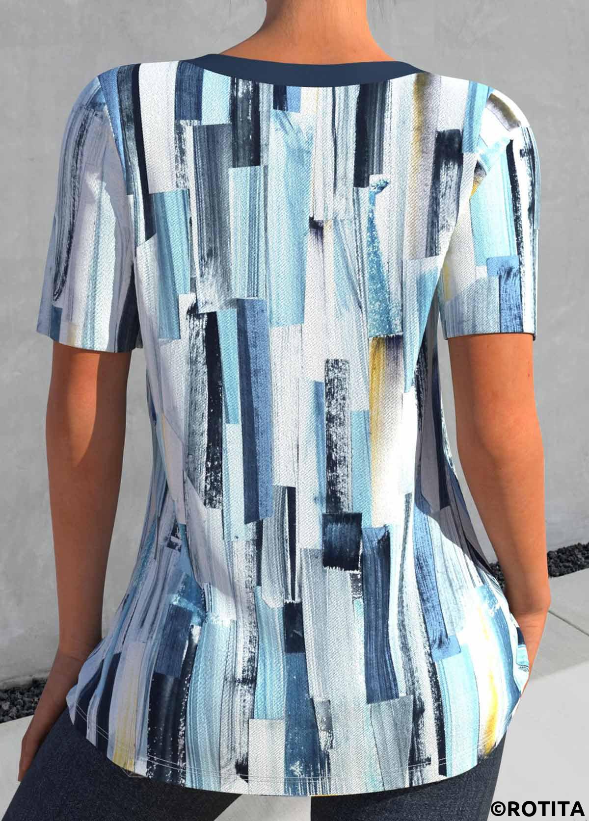 chemisier à col fendu bleu paon à imprimé géométrique patchwork rotita