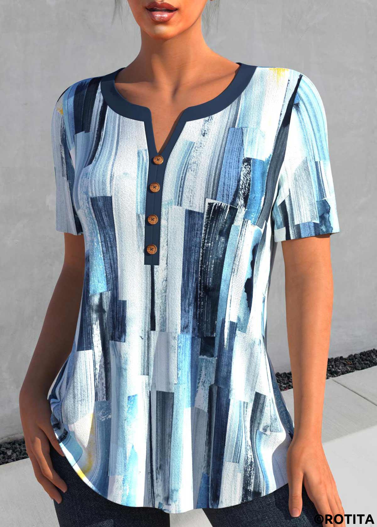 chemisier à col fendu bleu paon à imprimé géométrique patchwork rotita