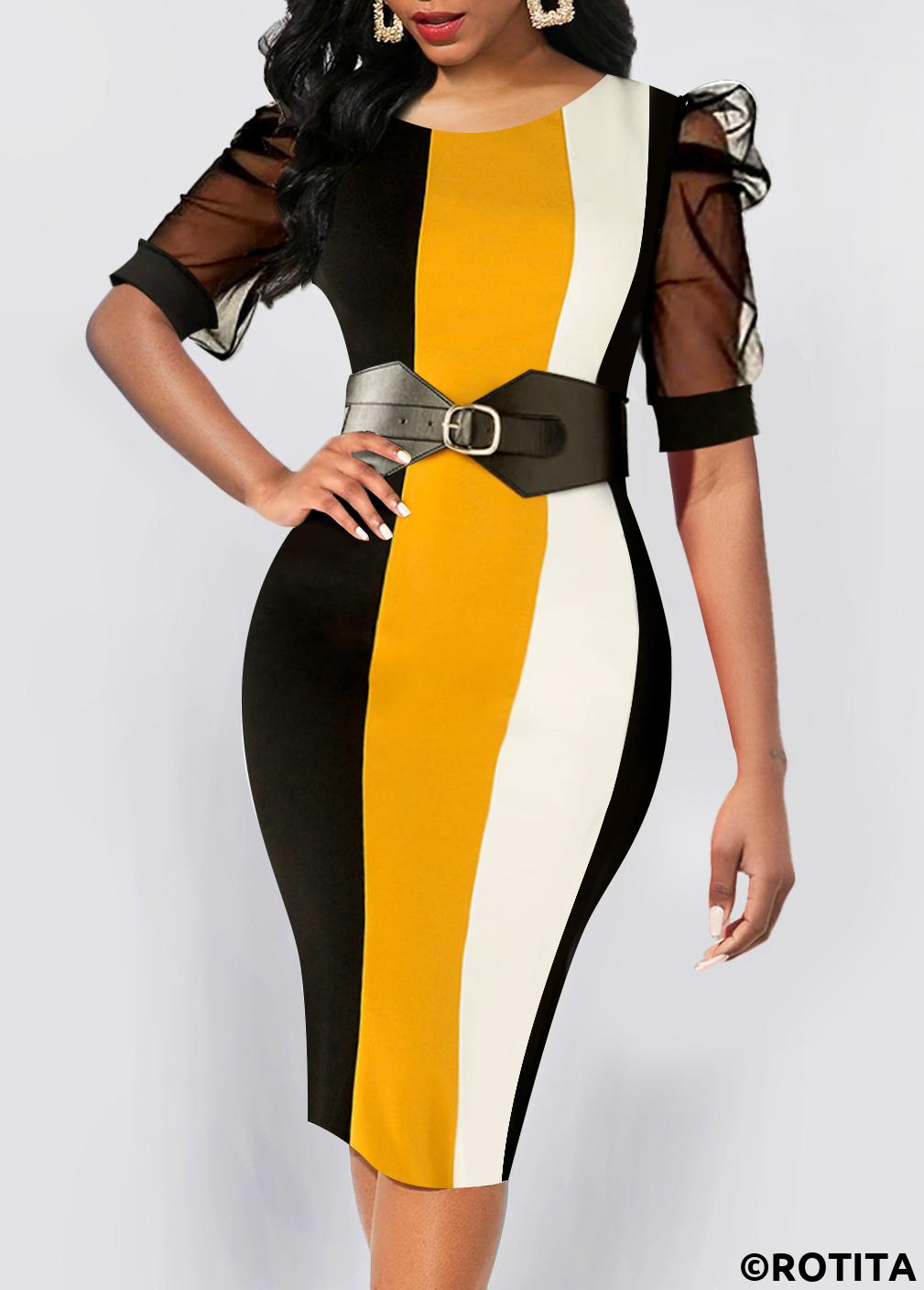 Multi Color dresses,Striped dresses,Geometric dresses,Party dresses,Elegant dresses,ROTITA Mesh Striped Multi Color Round Neck Bodycon Dress