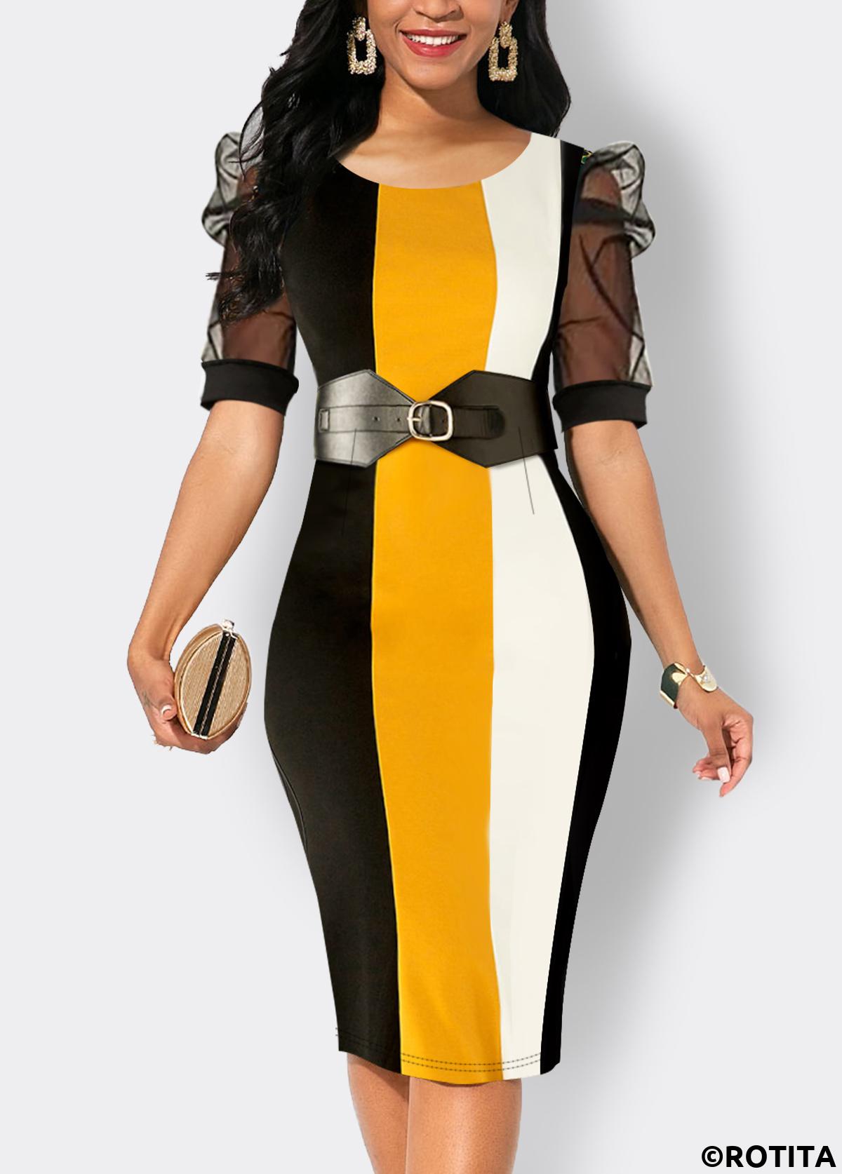 Multi Color dresses,Striped dresses,Geometric dresses,Party dresses,Elegant dresses,ROTITA Mesh Striped Multi Color Round Neck Bodycon Dress