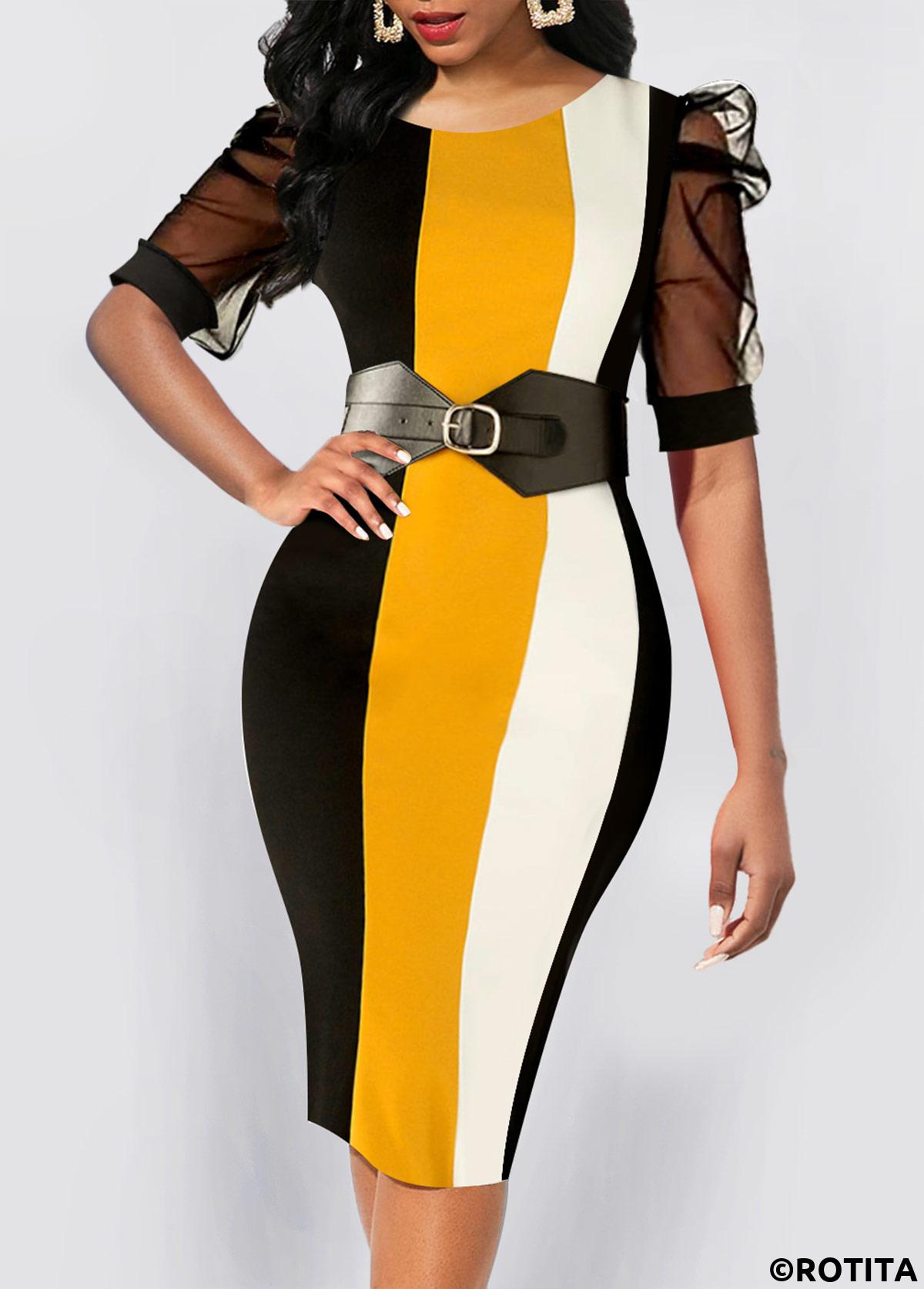 Multi Color dresses,Striped dresses,Geometric dresses,Party dresses,Elegant dresses,ROTITA Mesh Striped Multi Color Round Neck Bodycon Dress