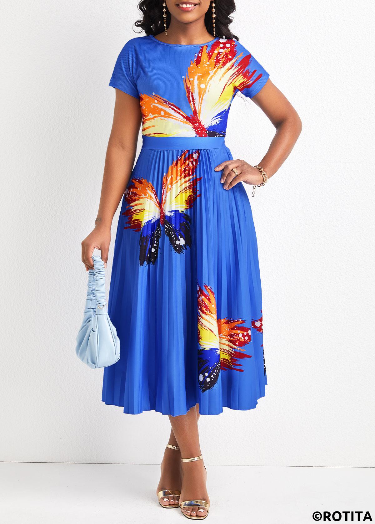 Sky Blue dresses,Animal Print dresses,Party dresses,Elegant dresses,ROTITA Pleated Butterfly Print Sky Blue Round Neck Dress