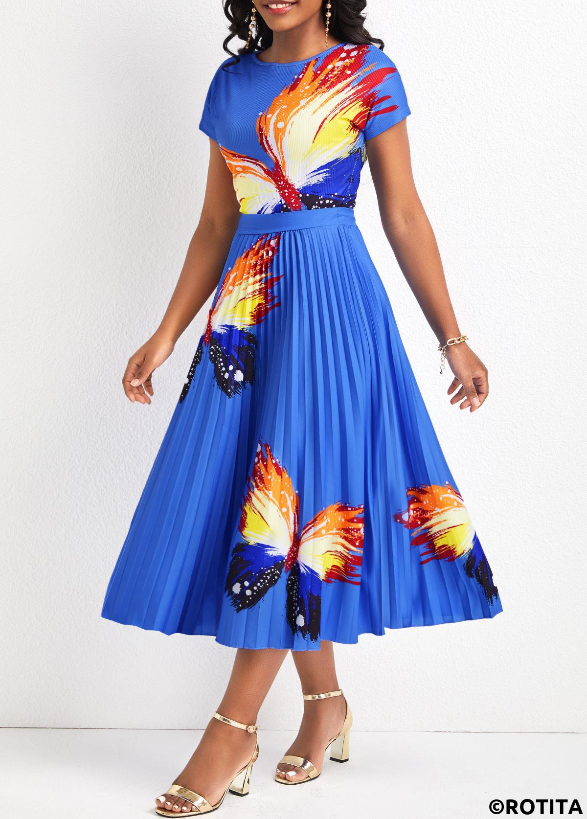 Sky Blue dresses,Animal Print dresses,Party dresses,Elegant dresses,ROTITA Pleated Butterfly Print Sky Blue Round Neck Dress