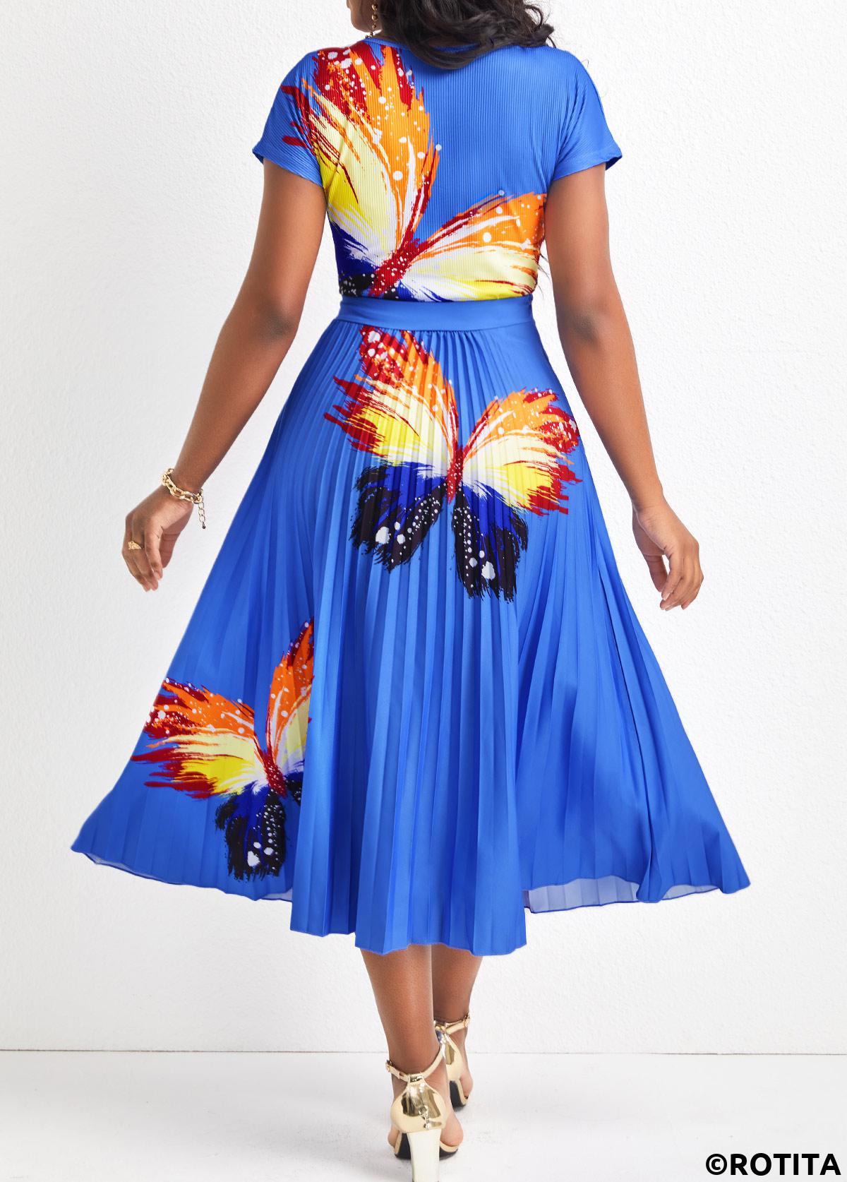 Sky Blue dresses,Animal Print dresses,Party dresses,Elegant dresses,ROTITA Pleated Butterfly Print Sky Blue Round Neck Dress
