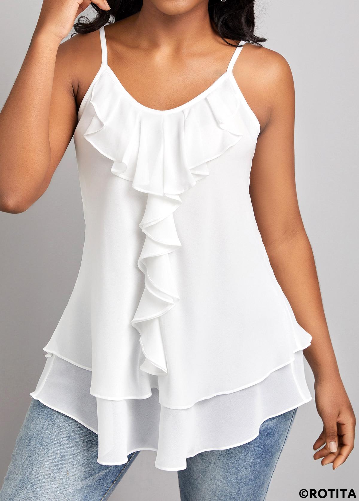 White tops,Plain Color tops,ROTITA Ruffle White Scoop Neck Strappy Camisole Top