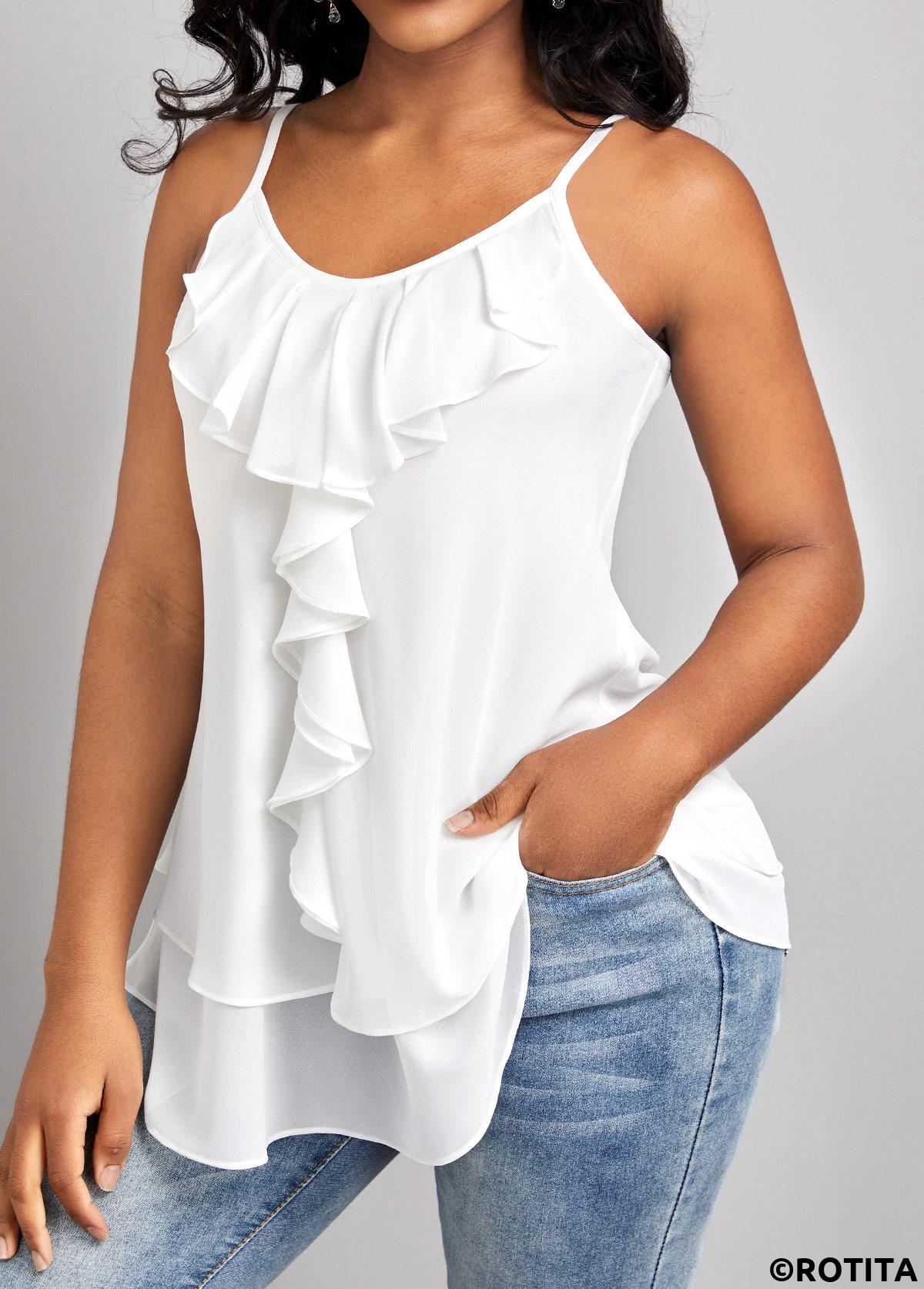 White tops,Plain Color tops,ROTITA Ruffle White Scoop Neck Strappy Camisole Top