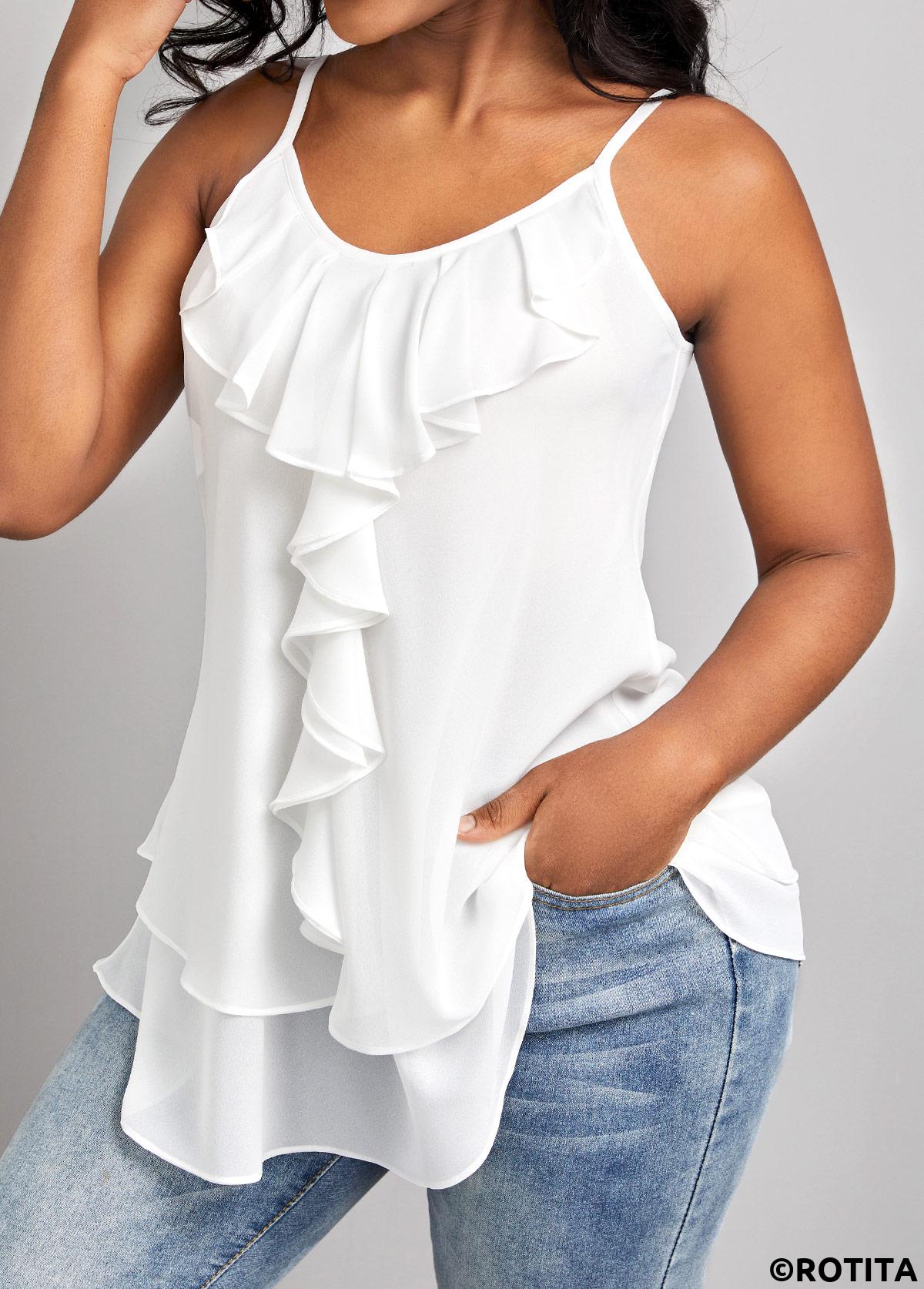 White tops,Plain Color tops,ROTITA Ruffle White Scoop Neck Strappy Camisole Top
