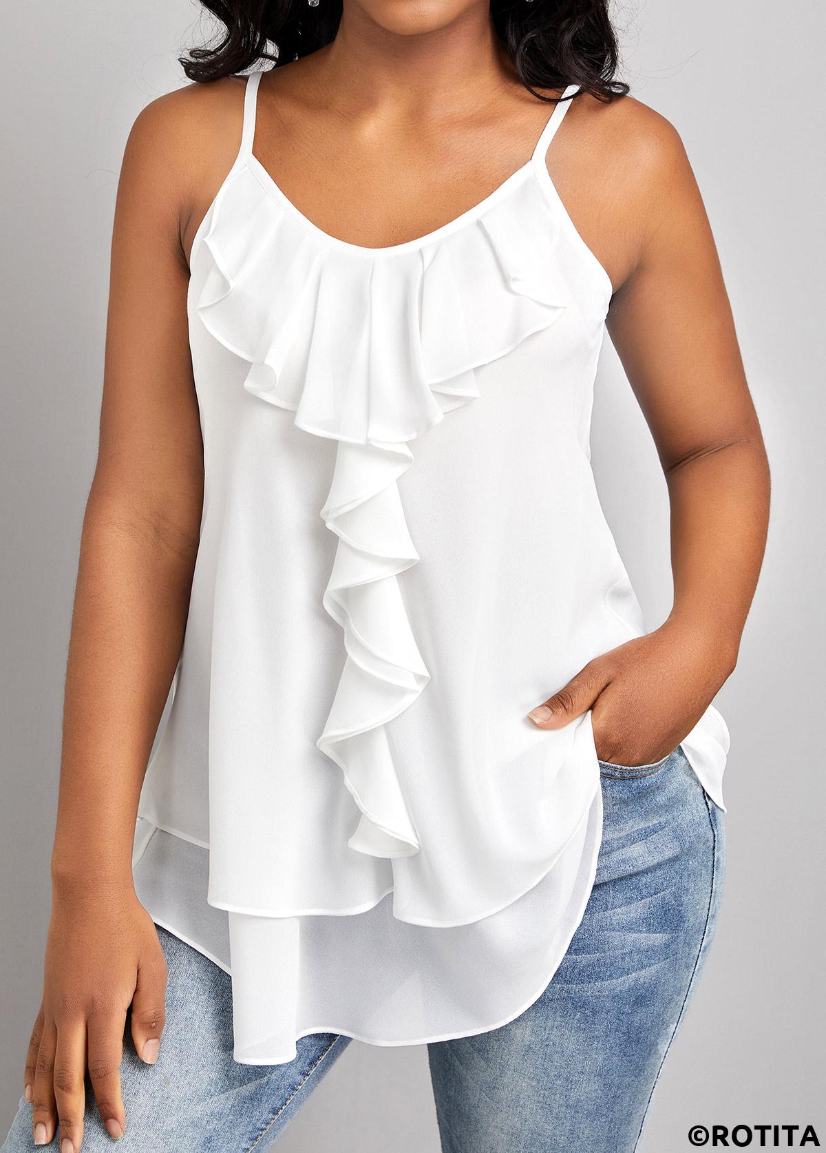 White tops,Plain Color tops,ROTITA Ruffle White Scoop Neck Strappy Camisole Top