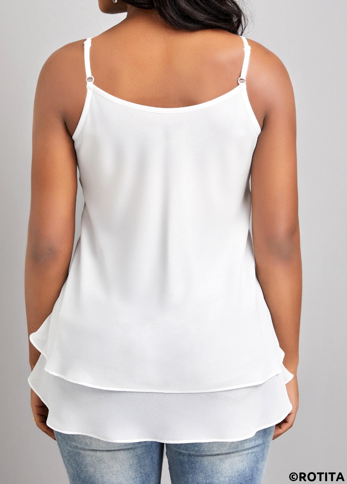 White tops,Plain Color tops,ROTITA Ruffle White Scoop Neck Strappy Camisole Top