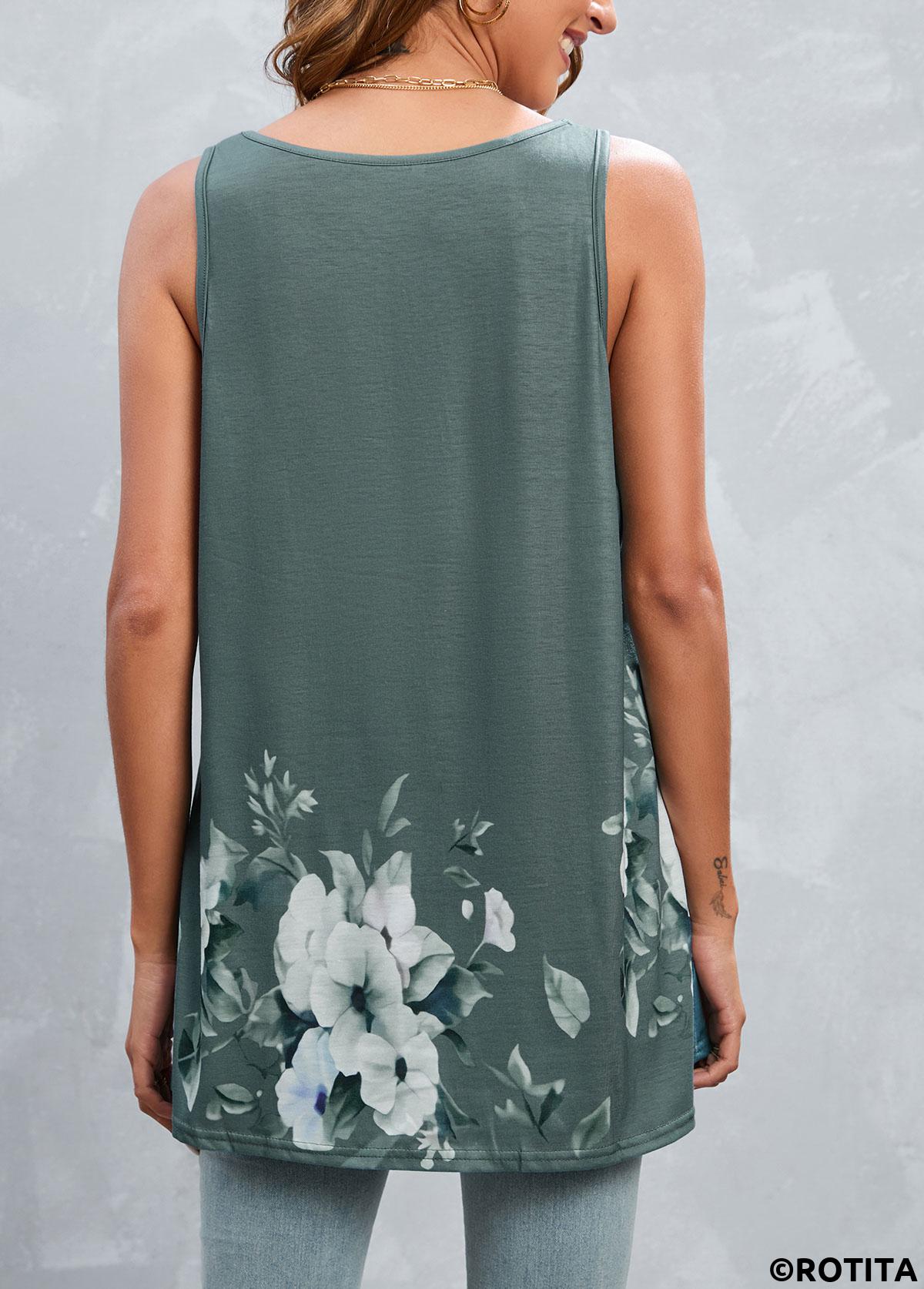 Patchwork Floral Print Green Scoop Neck Tank Top