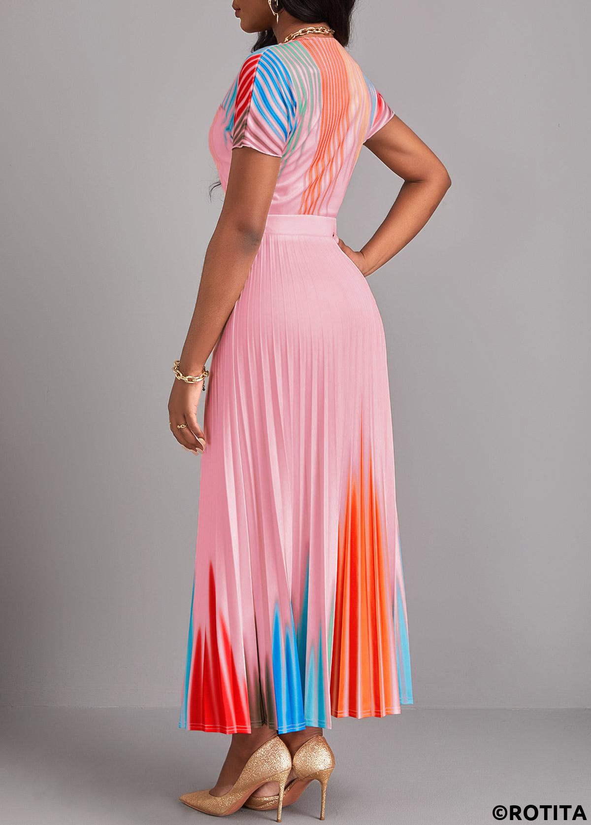 Pink dresses,Ombre dresses,Party dresses,Elegant dresses,ROTITA Pleated Ombre Pink Round Neck Short Sleeve Maxi Dress