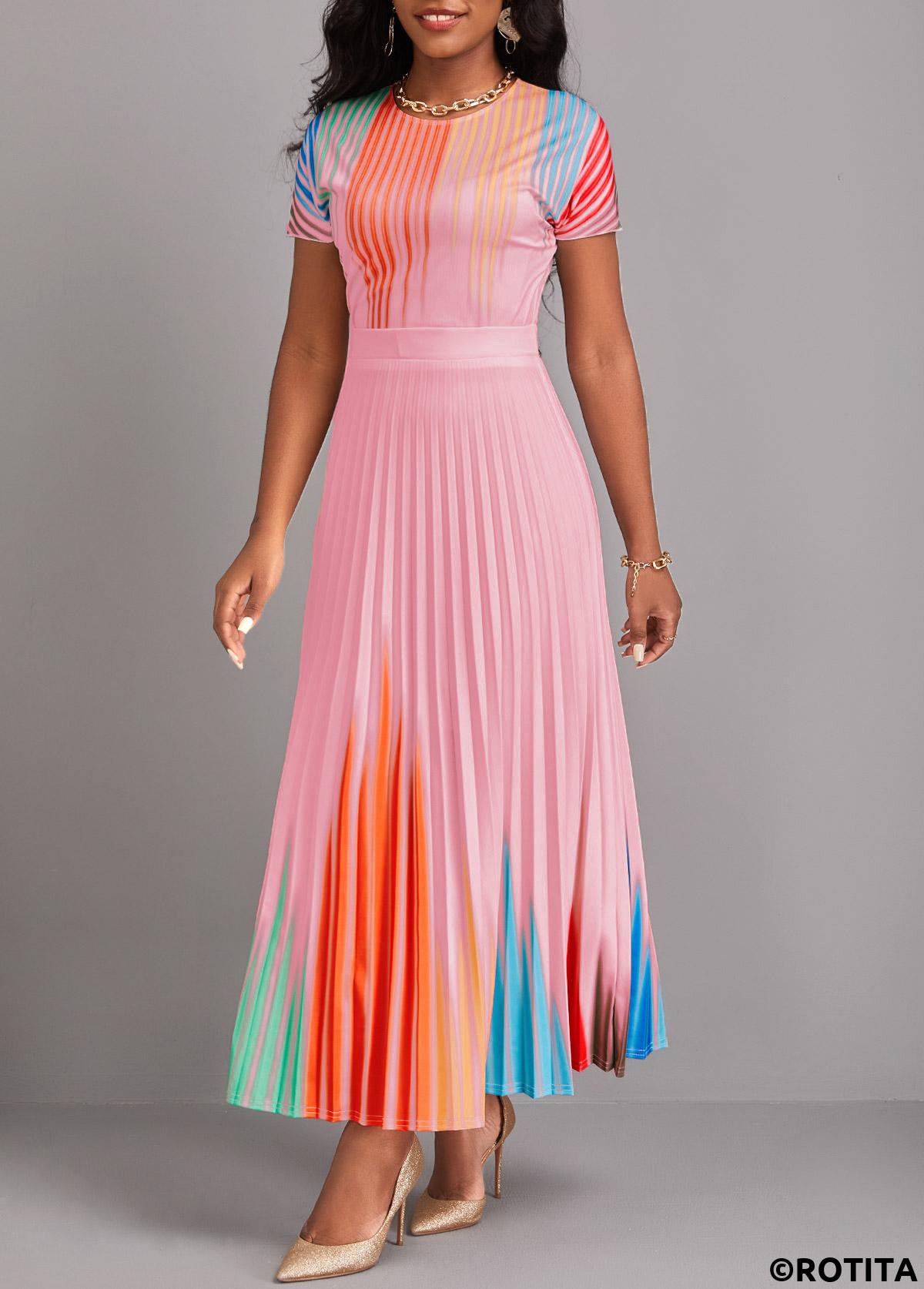 Pink dresses,Ombre dresses,Party dresses,Elegant dresses,ROTITA Pleated Ombre Pink Round Neck Short Sleeve Maxi Dress