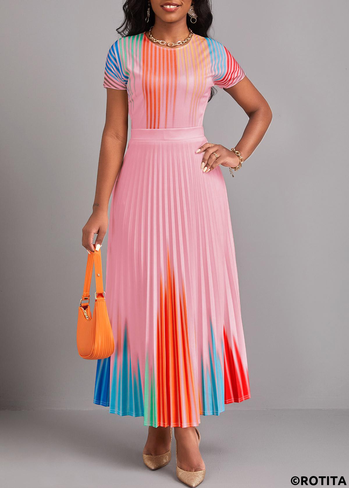 Pink dresses,Ombre dresses,Party dresses,Elegant dresses,ROTITA Pleated Ombre Pink Round Neck Short Sleeve Maxi Dress