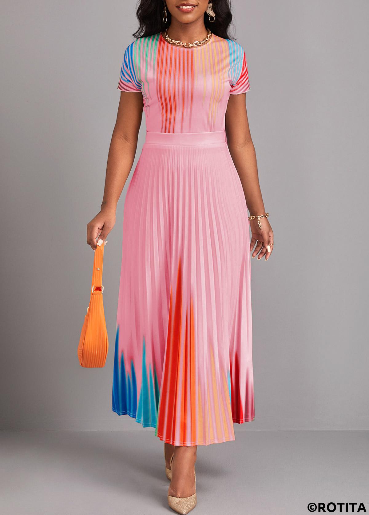 Pink dresses,Ombre dresses,Party dresses,Elegant dresses,ROTITA Pleated Ombre Pink Round Neck Short Sleeve Maxi Dress