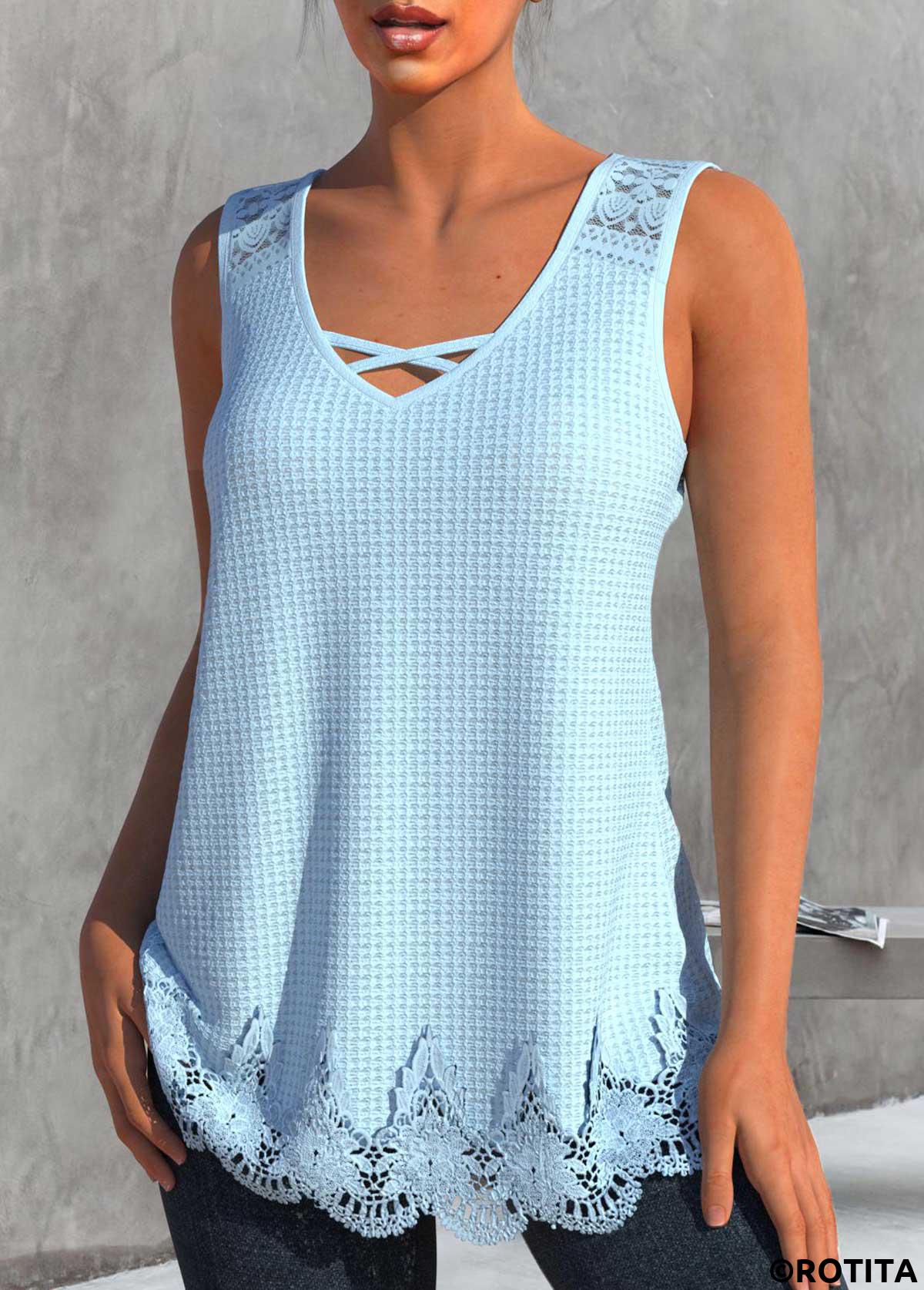 Light Blue tops,Plain Color tops,ROTITA Lace Light Blue V Neck Tank Top