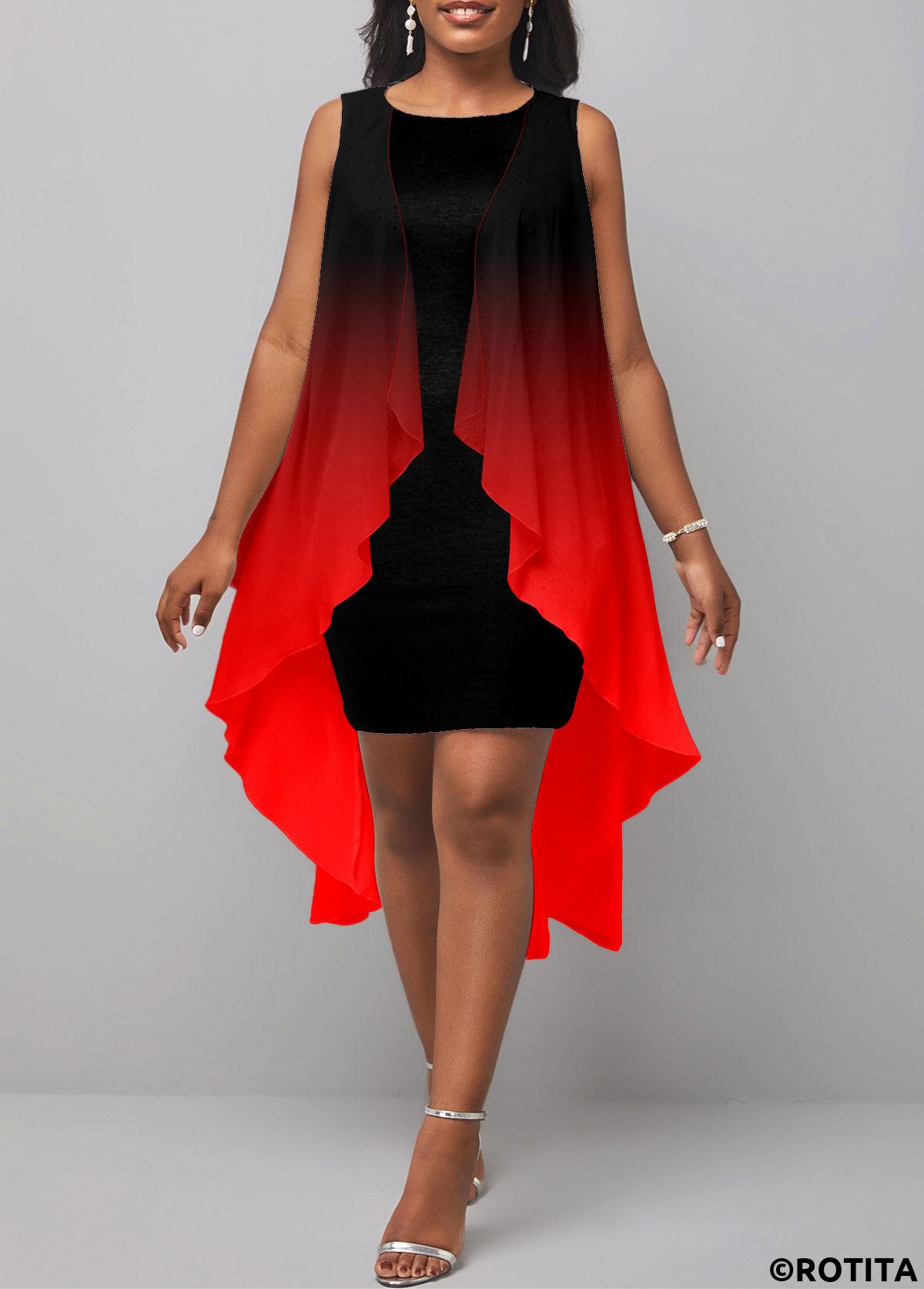 Red dresses,Black dresses,Ombre dresses,Everyday dresses,Casual dresses,ROTITA Layered Ombre Red High Low A Line Dress