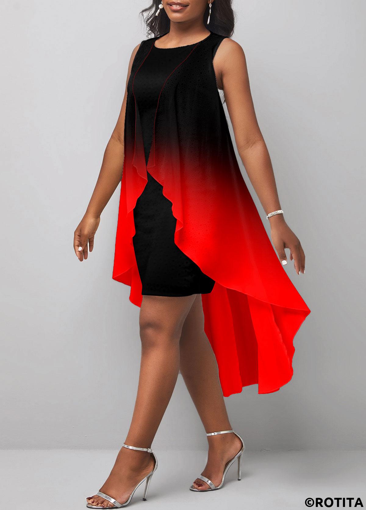 Red dresses,Black dresses,Ombre dresses,Everyday dresses,Casual dresses,ROTITA Layered Ombre Red High Low A Line Dress