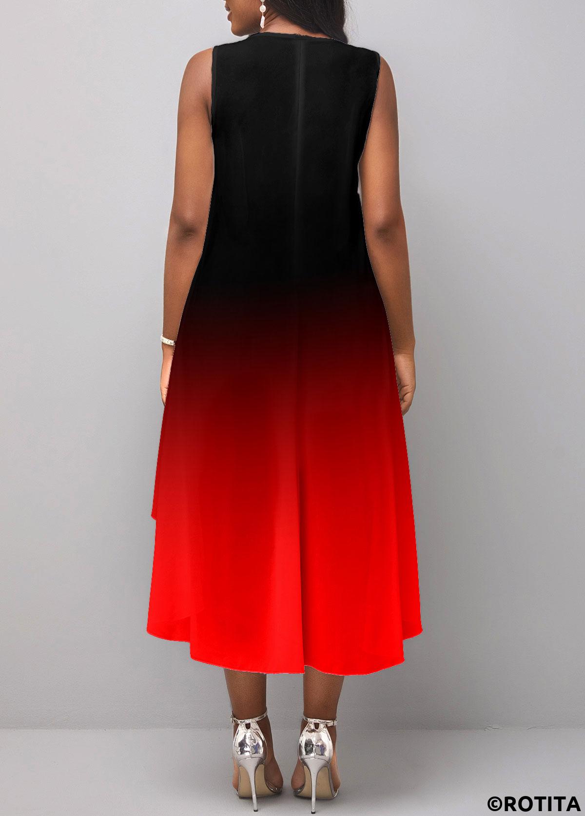 Red dresses,Black dresses,Ombre dresses,Everyday dresses,Casual dresses,ROTITA Layered Ombre Red High Low A Line Dress
