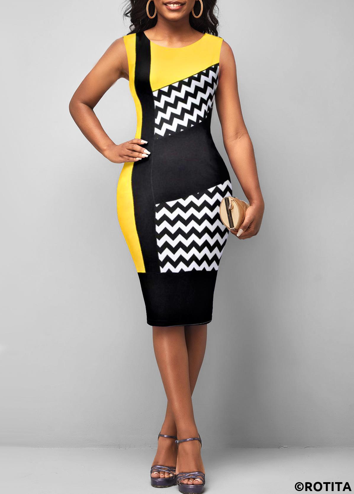 Geometric Print Yellow Round Neck Sleeveless Dress