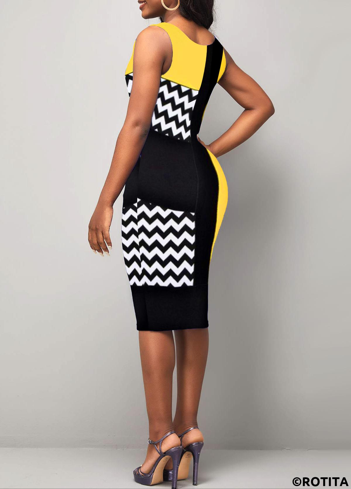 Geometric Print Yellow Round Neck Sleeveless Dress