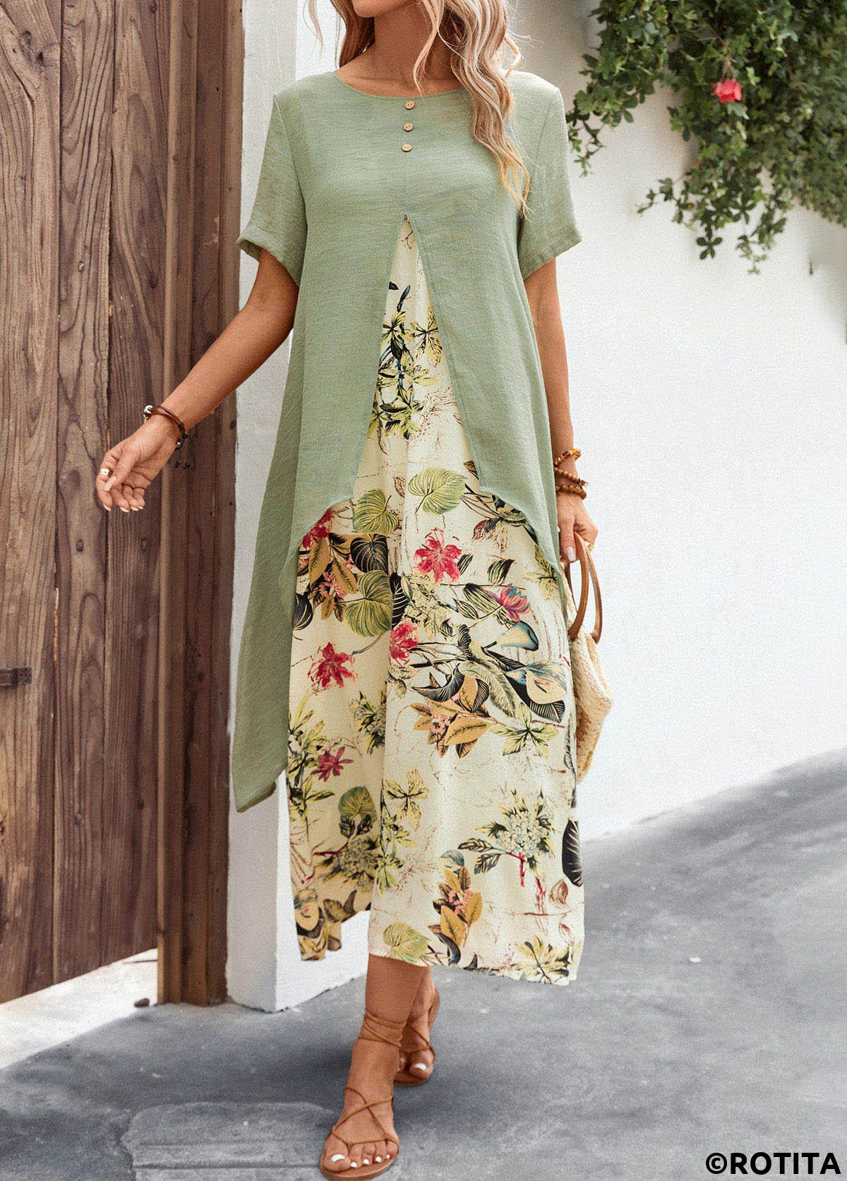 Sage Green dresses,Beige dresses,Plants dresses,Floral dresses,Everyday dresses,Casual dresses,Fake 2in1 Leaf Print Sage Green Dress