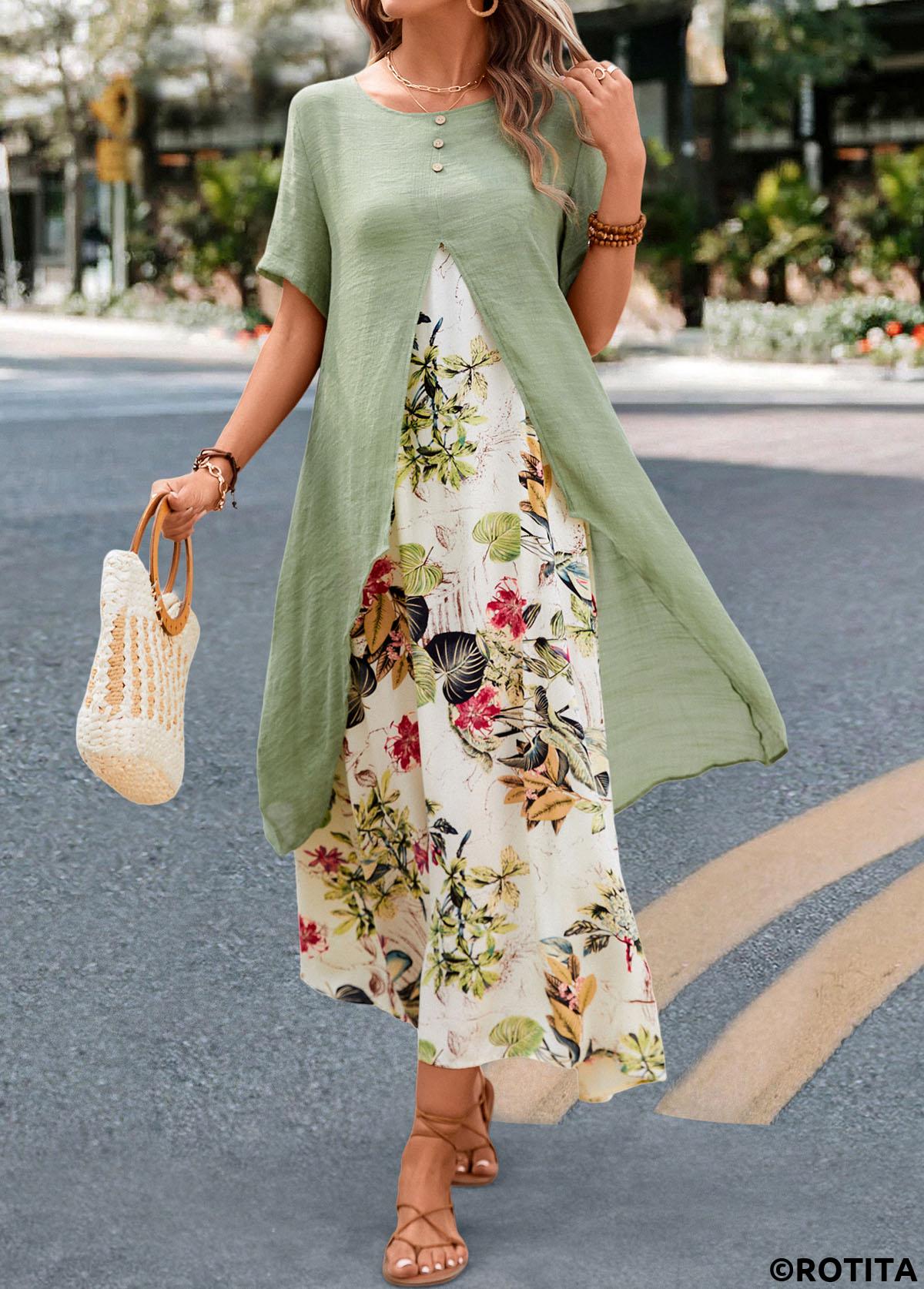 Sage Green dresses,Beige dresses,Plants dresses,Floral dresses,Everyday dresses,Casual dresses,Fake 2in1 Leaf Print Sage Green Dress
