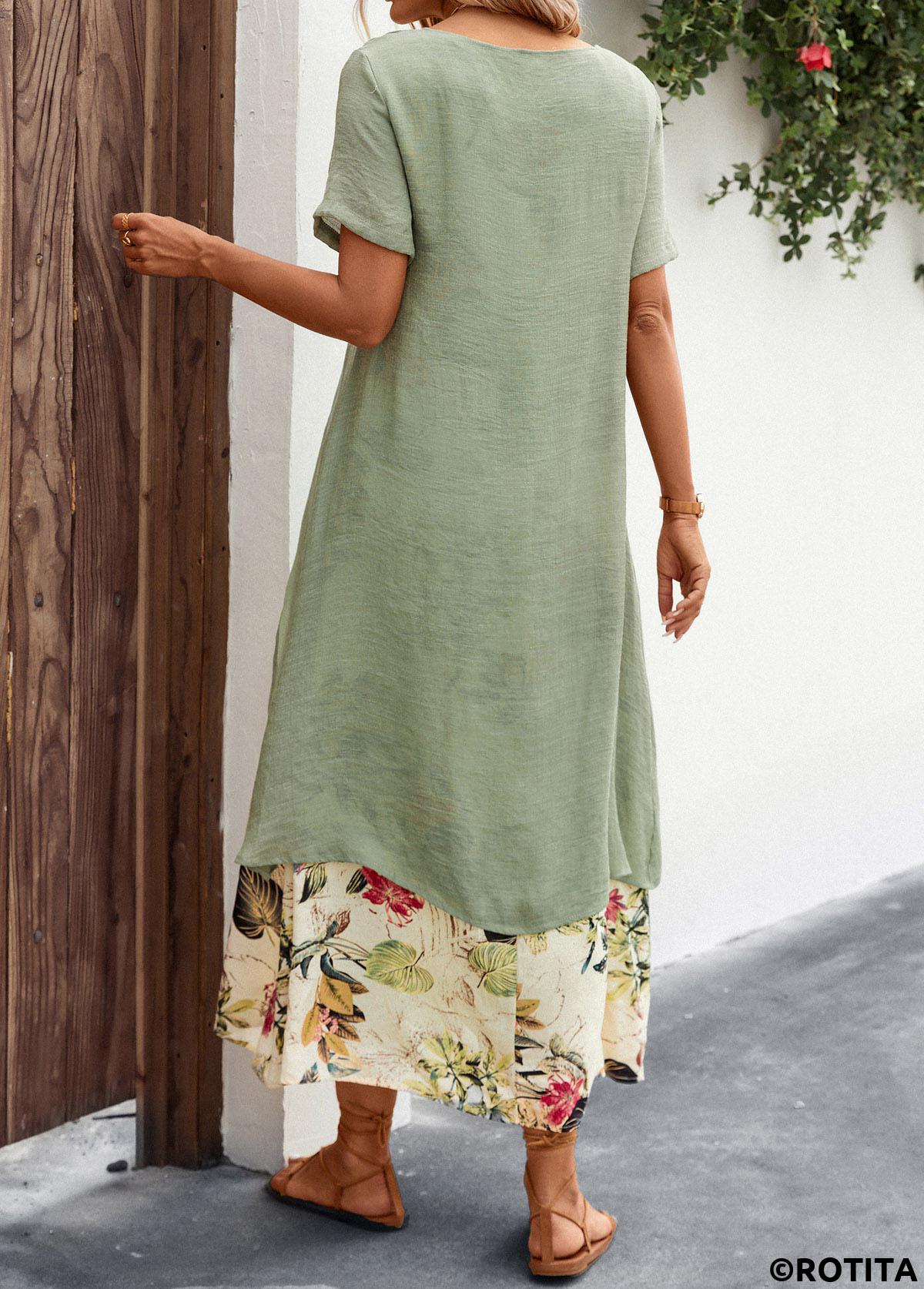 Sage Green dresses,Beige dresses,Plants dresses,Floral dresses,Everyday dresses,Casual dresses,Fake 2in1 Leaf Print Sage Green Dress
