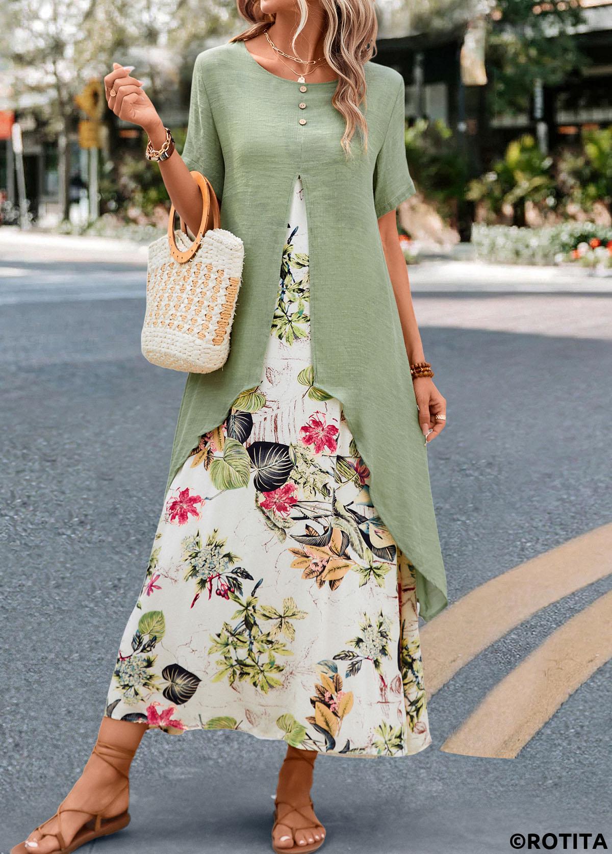 Sage Green dresses,Beige dresses,Plants dresses,Floral dresses,Everyday dresses,Casual dresses,Fake 2in1 Leaf Print Sage Green Dress