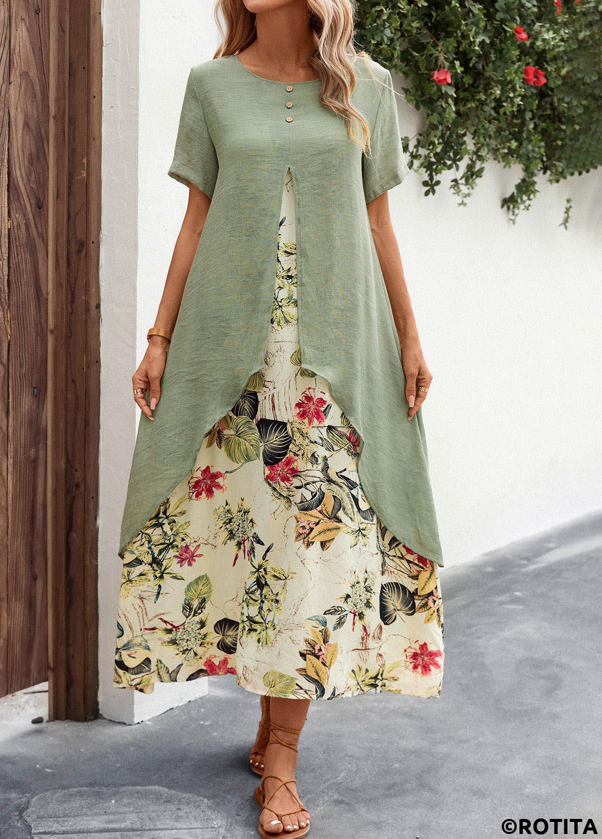 Sage Green dresses,Beige dresses,Plants dresses,Floral dresses,Everyday dresses,Casual dresses,Fake 2in1 Leaf Print Sage Green Dress