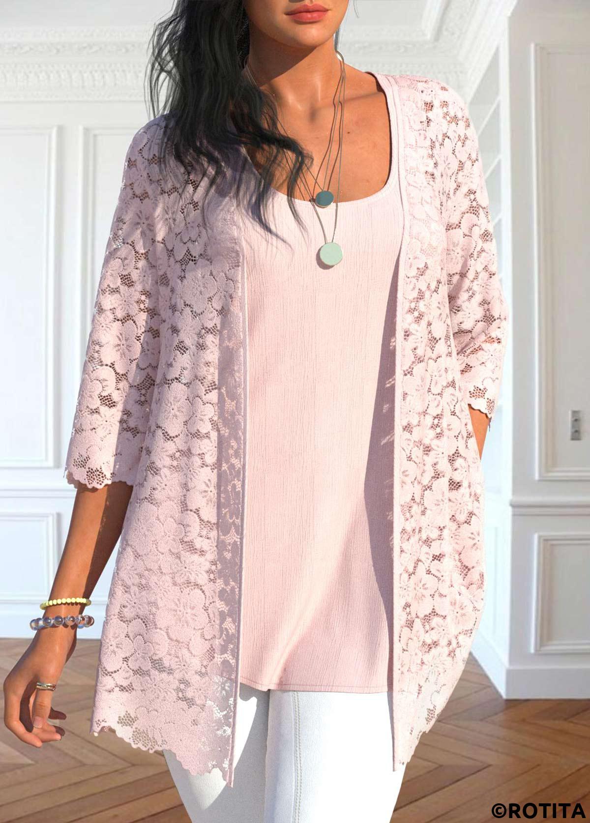 Light Pink tops,Plain Color tops,ROTITA Light Pink Scoop Neck Cardigan and Tank Top