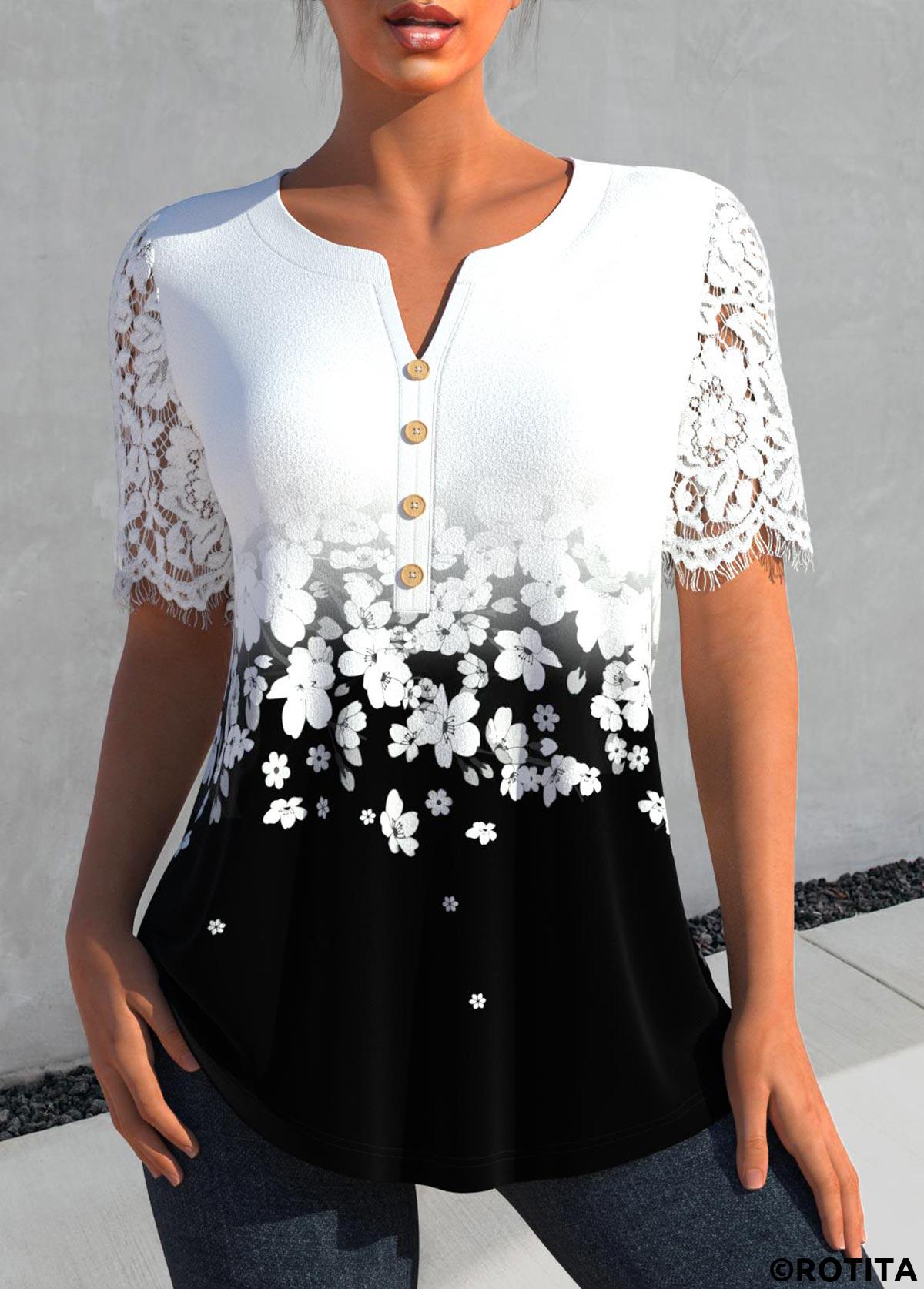 White tops,Black tops,Floral tops,Ombre tops,ROTITA Lace Floral Print White Split Neck Short Sleeve Blouse
