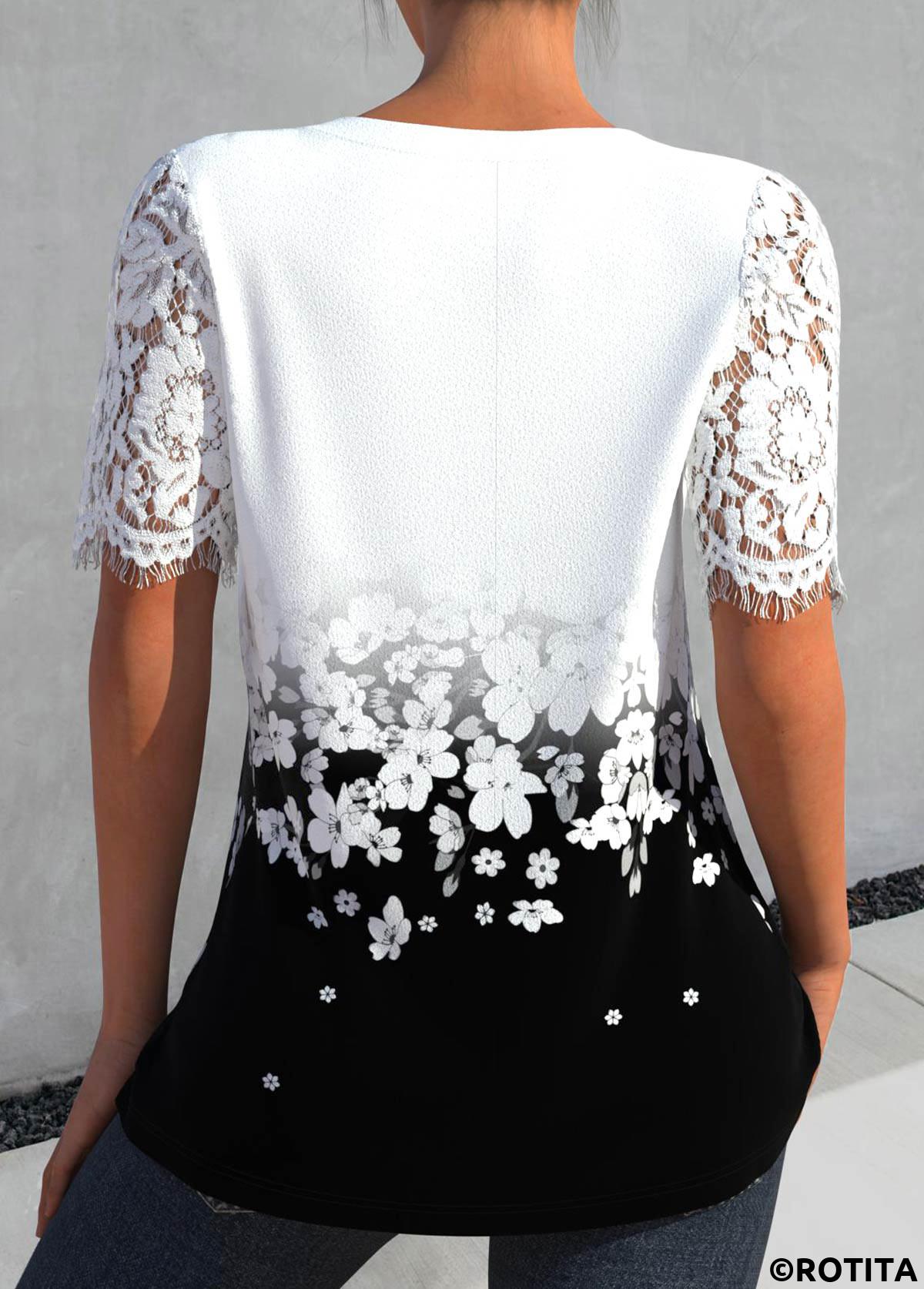 White tops,Black tops,Floral tops,Ombre tops,ROTITA Lace Floral Print White Split Neck Short Sleeve Blouse