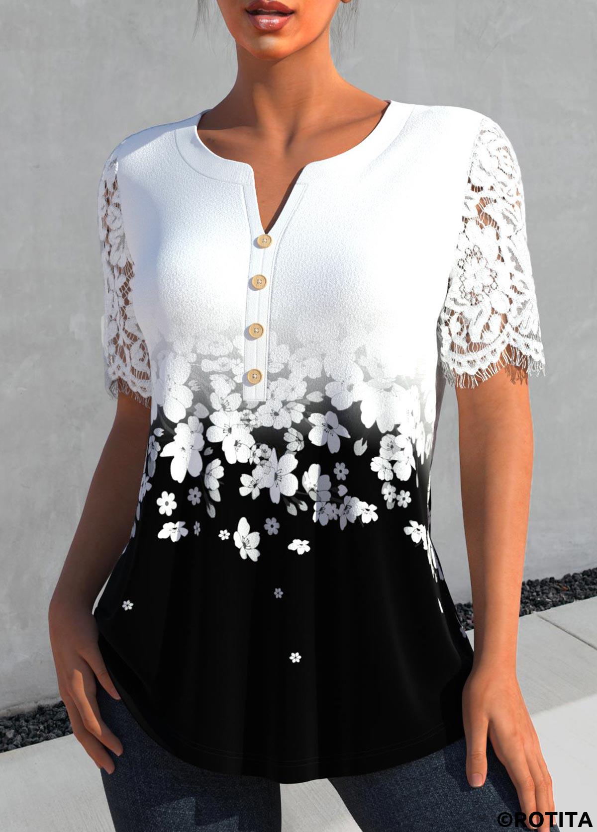 White tops,Black tops,Floral tops,Ombre tops,ROTITA Lace Floral Print White Split Neck Short Sleeve Blouse