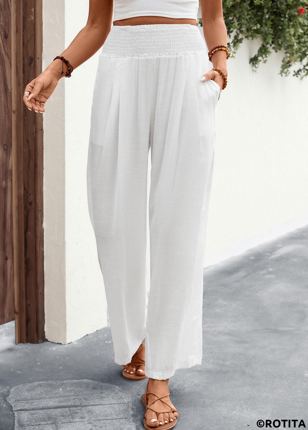 White bottoms,Plain Color bottoms,Smocked White Wide Leg Elastic Waist High Waisted Pants
