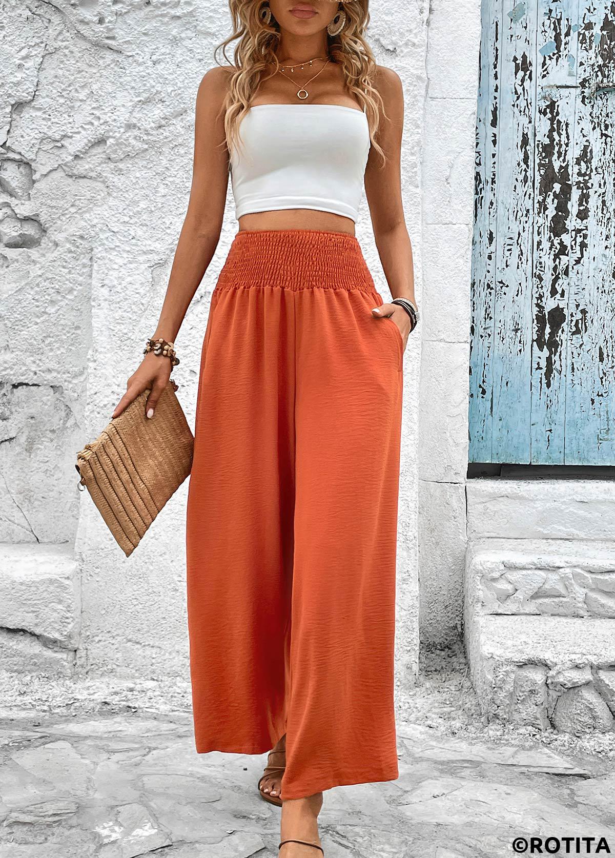 Smocked Brick Red Elastic Waist High Waisted Pants
