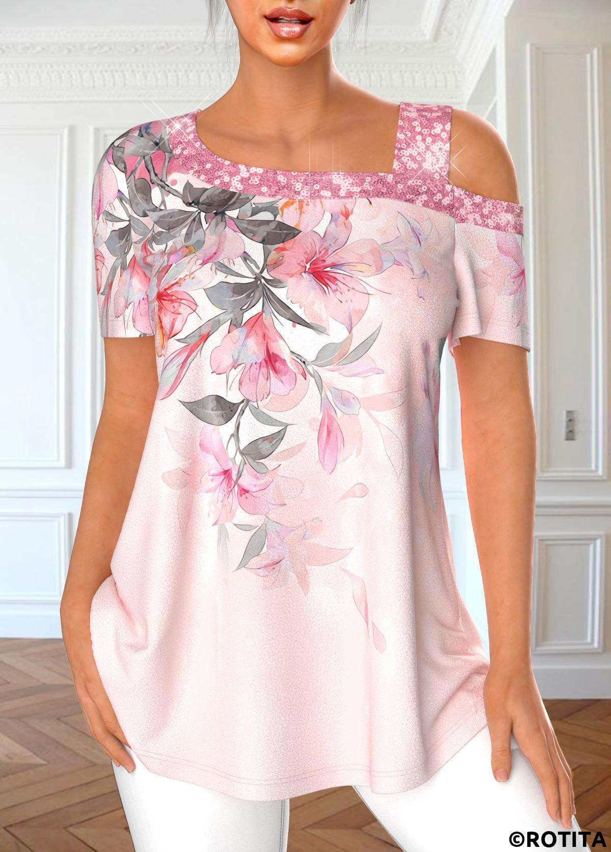 Light Pink tops,Floral tops,Ombre tops,Plants tops,ROTITA Sequin Floral Print Light Pink T Shirt