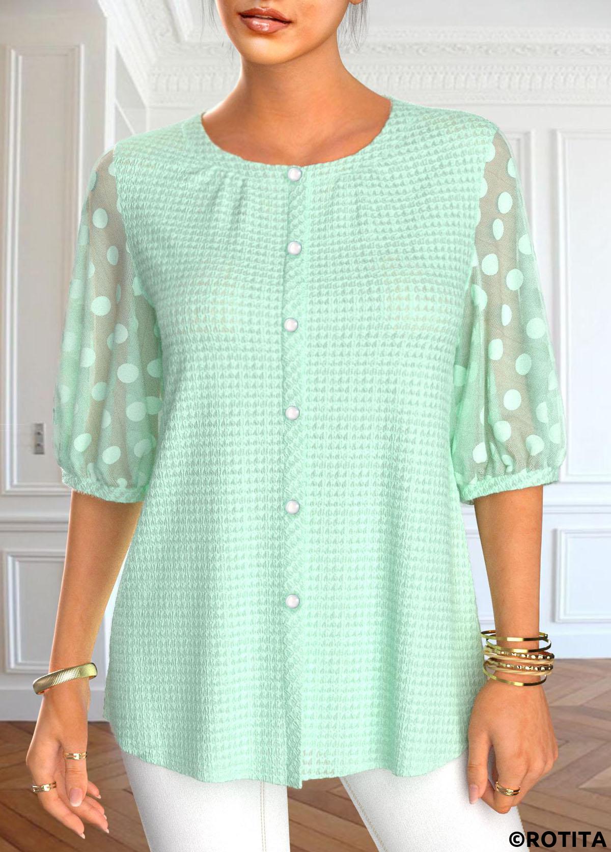 Mint Green tops,Plain Color tops,ROTITA Mesh Mint Green Round Neck Half Sleeve Blouse