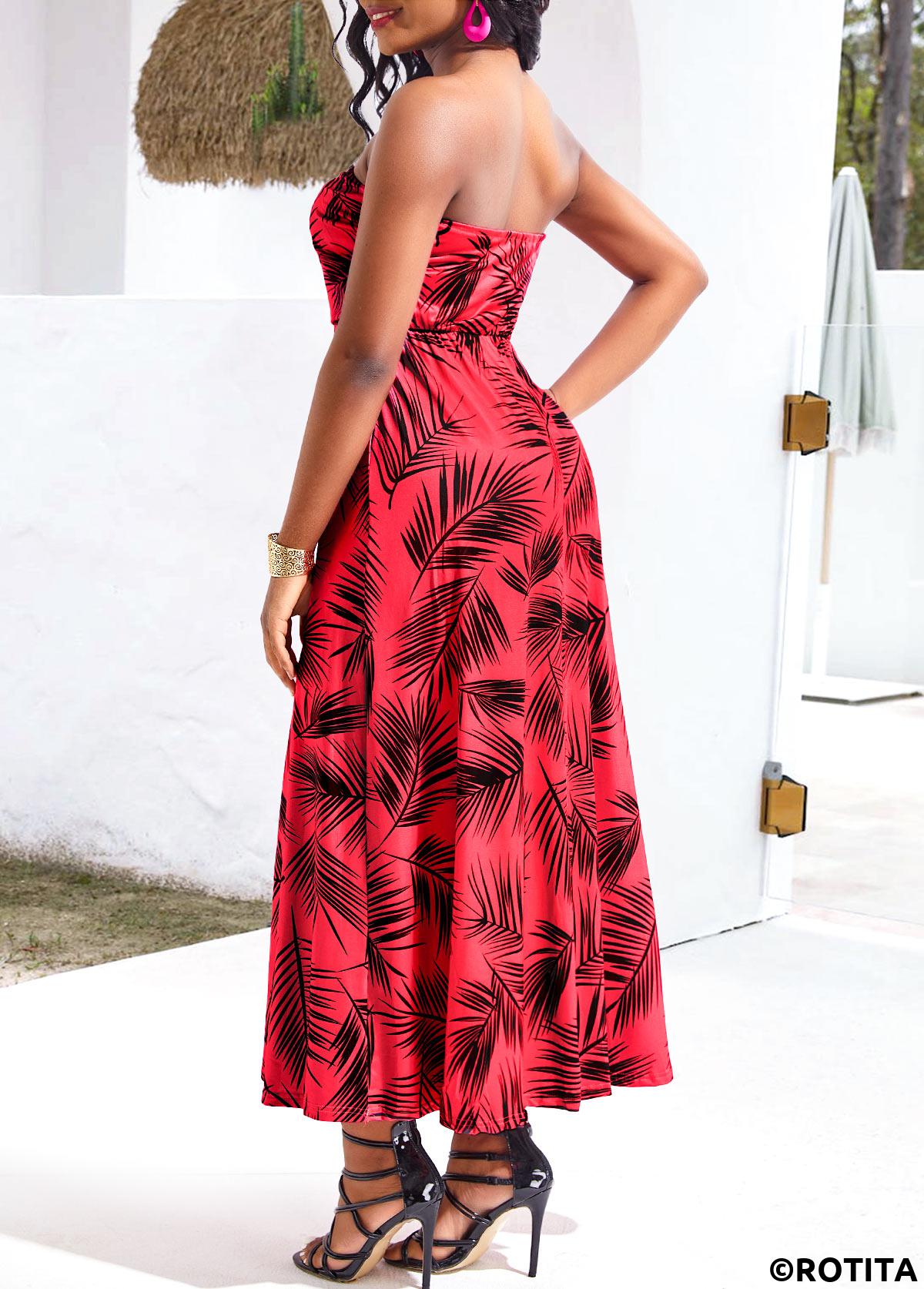 Red dresses,Plants dresses,Vacation dresses,Vacation dresses,Umbrella Hem Leaf Print Red Bandeau Maxi Dress
